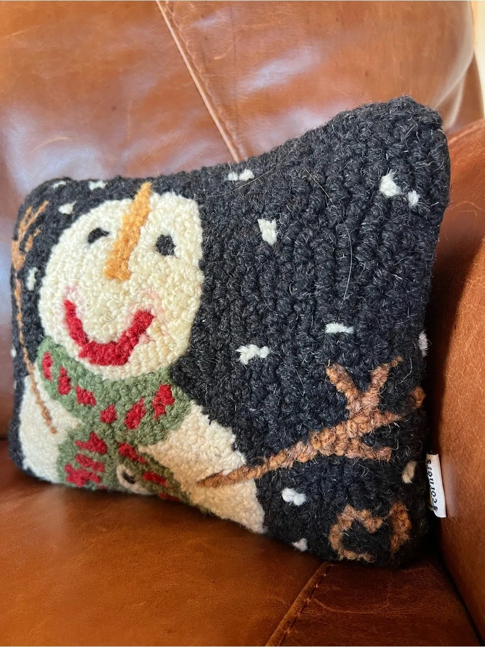 Hooked Snowman Holiday Pillow in Black, Cream & Green